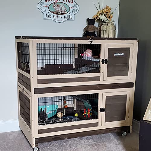 Aivituvin Rabbit Hutch Rabbit Cage Indoor on Wheels Outdoor Bunny Cage with Deep No Leak Pull