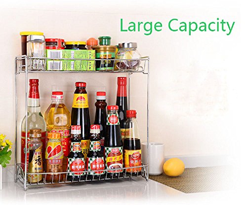 Spice Rack Organizer, Fresh Household 2 Tier Spice Jars Bottle Stand Holder Stainless Steel Kitchen Organizer Storage Kitchen Shelves Rack - Silver - Thumbnail 2