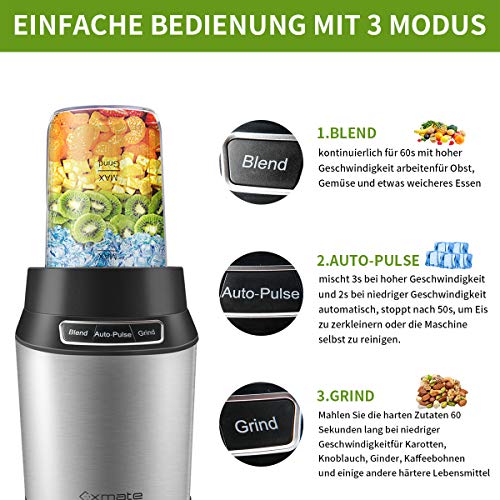 Exmate Standmixer Smoothie Maker, Elektro-Entsafter-Mühle mit Zwei BPA-FREIEN Flaschen,3 Modi,6 Edelstahlklingen,für… – Bild 3