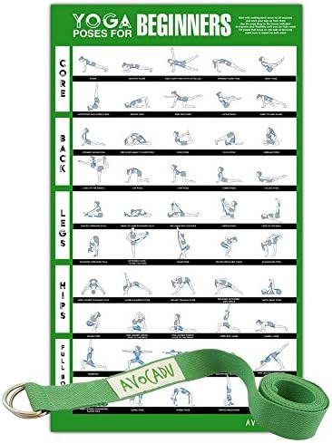 Yoga Poses for Beginners Poster with 6” Yoga Strap Included- Premium 16”x 24” Poster with Illustrated Yoga Flow Poses for Easy Home Workouts