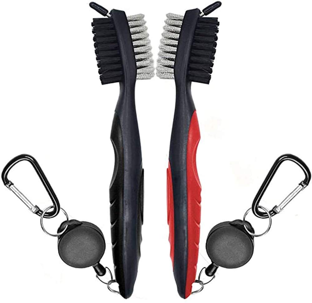 Cheeroyal 2Pcs Golf Club Brush Dual Sided Nylon & Wire Golf Cleaner with 2 Feet Retractable Zip-line Aluminum Carabiner for Golf Shoes Golf Club Golf Groove