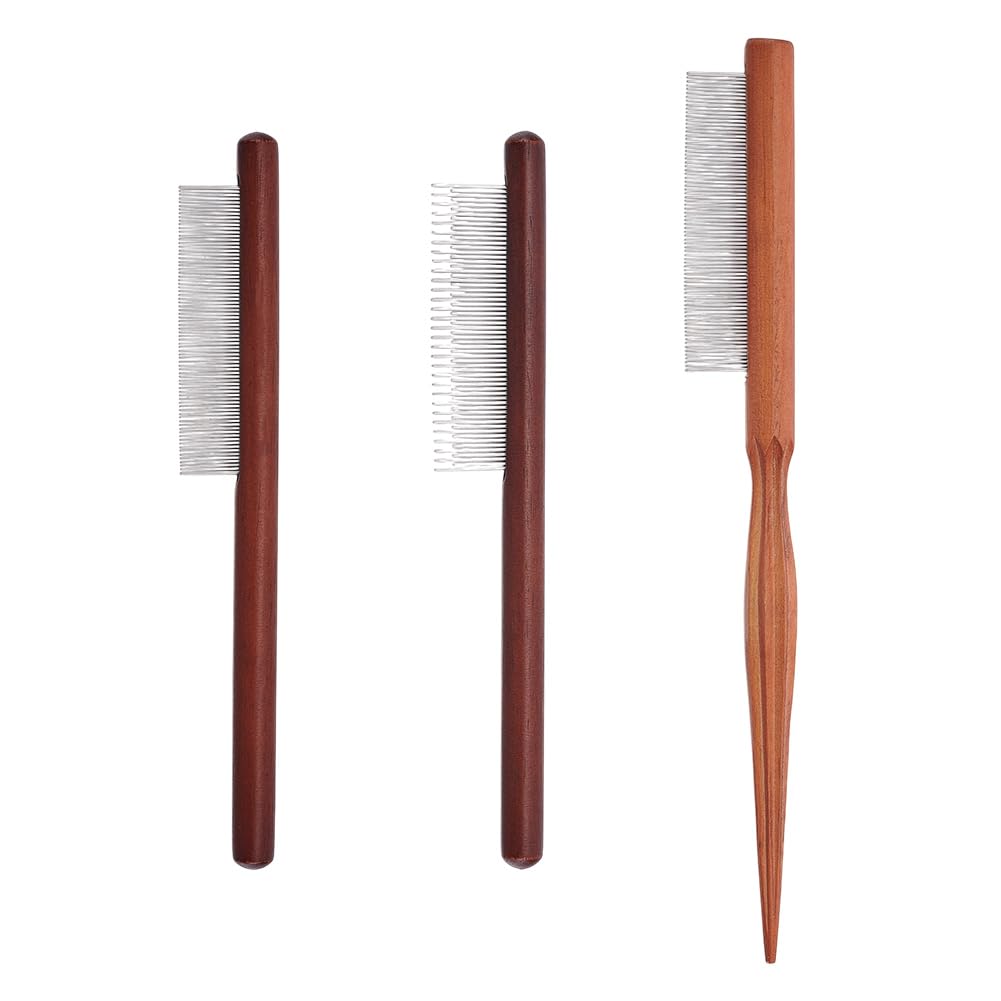 OLYCRAFT 3Pcs 3 Style Macrame Fringe Combs with Wood Handle Stainless Steel Macrame Comb Wood Pet Comb Pet Grooming Combs Macrames Tassel Brush for DIY Macrames Removing Tangles and Knots