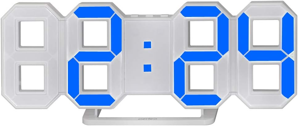perfeo 3D LED Digital Alarm Clock, Easy to Read at Night, Silent Clock with Snooze, 3 Brightness Levels, Modern Desk/Shelf/Table/Wall Alarm Clock for Home Decor (White, Blue)
