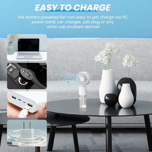 TERRIFI Mini Handheld Fan with Water Mist Spray - USB Rechargeable Portable Fan with 4 Speeds, Folding Design, and 55ml Water Bottle - Powerful Travel Desk Fan for Holiday, White