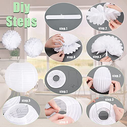VGOODALL 15 Weiß Papierlaterne Set, 9 Weiß Papier Lampions in 3 Größen mit 6 Weiß Seidenpapier Pompoms Rund Lampenschirm für Party Garten Hochzeit Dekoration