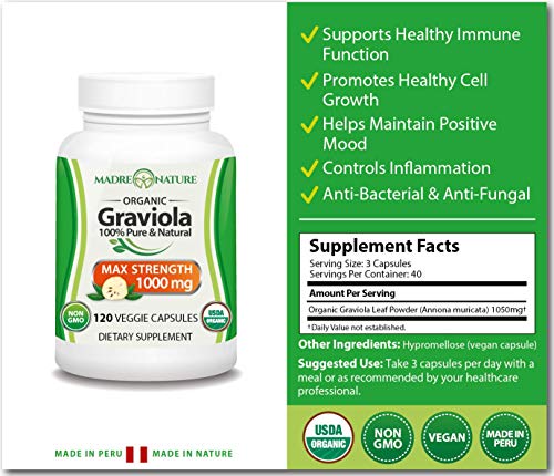 Organic Graviola (Soursop) Supplement Max Strength 1000 Milligrams - Non-GMO, Vegan Capsules for Immune & Mood Support - Premium Dietary Supplement for Healthy Cell Growth & Positive, Balanced Mood