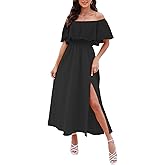 CUPSHE Women Ruffle Floral Maxi Summer Dress Off Shoulder Short Sleeve Backless Flounce Bodice Slit Hem Beach Dresses