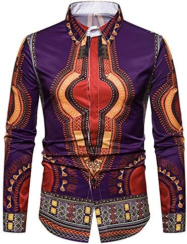 MODOQO Dashiki Shirt for Men Luxury Long Sleeve Button Down African Print Shirt Top