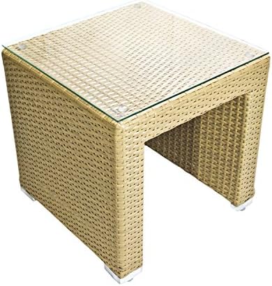 Outdoor All Weather Garden Square Wicker Side Table - Honey Almond - Tempered Glass Top Included - 17.5" Square x18" Tall