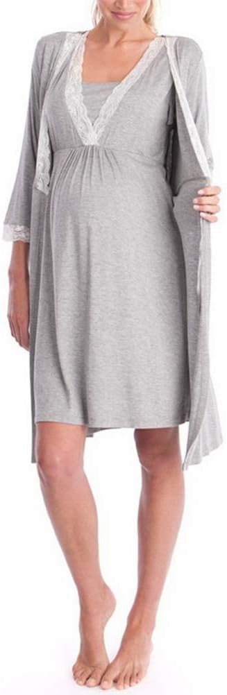 Maternity Pregnancy Labor Robe Delivery Hospital Nursing Nightgowns Sleepshirts for Breastfeeding 2Pcs Set Nightie