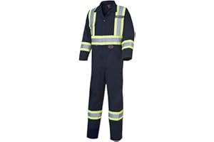 Pioneer High Visibility Safety Work Cotton Coveralls - Action Back, Elastic Waist, Reflective Tape - Class 1 - Navy Blue