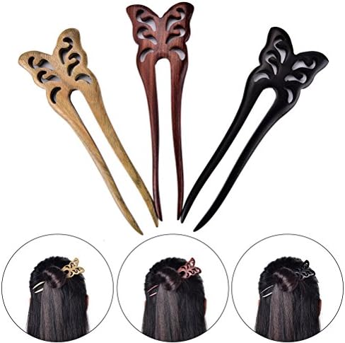 CCCYMM 3 Pcs Retro Natural Ebony Wood Oriental Hair Stick Pin for Bun Chignon Maker, Butterfly Design Vintage Hair Chopsticks Hair Pin Pick, 2-Prong Hair Fork for Women Girls Gift