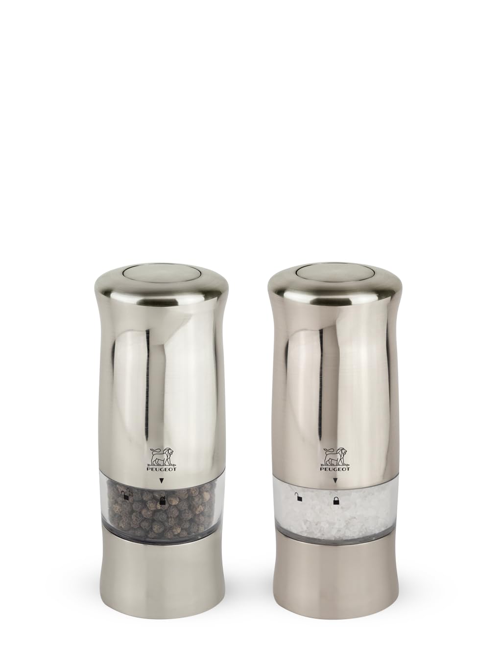 PEUGEOT - Zeli 14 cm Electric Salt And Pepper Mill Set - With Lighting - Black Pepper + Rock Salt Included - Made In France - 6 Batteries + Replacement Bulb - Stainless Steel Colour