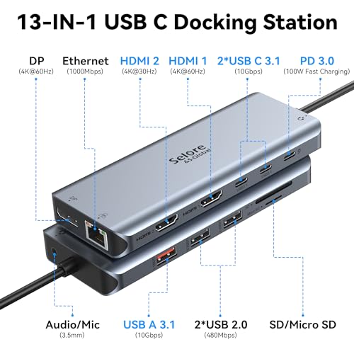 Selore USB C Laptop Docking Station Dual Monitor, 13-in-1 USB C Hub Adapter Docking Station 3 Monitors with 4K DP+4K HDMI+PD+RJ45 Ethernet+USB 3.1&2.0 port+SD/TF+Audio Compatible for MacBook Dell HP
