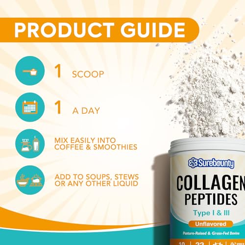 SUREBOUNTY COLLAGEN PEPTIDES POWDER, TYPE I & III, GRASS-FED BOVINE SOURCE, UNFLAVORED, DISSOLVES EASILY, SKIN, HAIR, NAIL & MUSCLE CARE, PALEO & KETO FRIENDLY, 8OZ