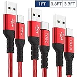Short USB C Cable,3-Pack(1ft+2x3ft) USB Type C Charger Nylon Braided Fast Charging Cord Compatible Samsung Galaxy S10+ S9 S8 Plus,Note 9 8,LG G5 G6 G7 V35,Google Pixel,Moto Z2 Z3,Power Bank(Red)
