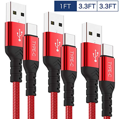 Short USB C Cable,3-Pack(1ft+2x3ft) USB Type C Charger Nylon Braided Fast Charging Cord Compatible Samsung Galaxy S10+ S9 S8 Plus,Note 9 8,LG G5 G6 G7 V35,Google Pixel,Moto Z2 Z3,Power Bank(Red)