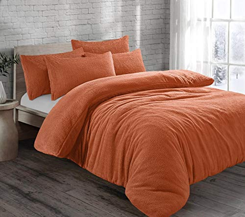 Velvet Stitch Teddy Fleece Duvet Cover with Pillow Case Plain Thermal Fluffy Warm Cosy Super Soft Bedding Set (Super King, Tangerine)