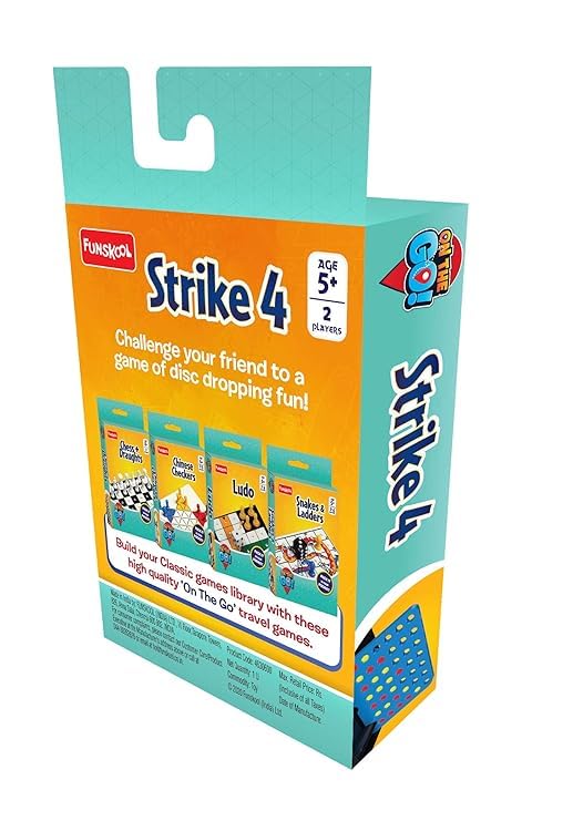 Funskool Travel Strike 4, Travel Board Game, Connect Four Discs in a Row to Win, Fast-paced Tactical Brain Battle Game, Multiplayer Strategy Board Game Gift for Kids Ages 6,7,8,9,10+, 2 Players 1