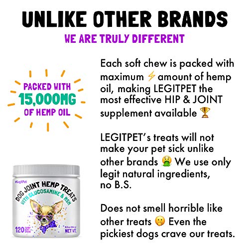 LEGITPET Hemp Hip & Joint Supplement for Dogs - 120 Soft Chews - Made in USA - Glucosamine for Dogs - Chondroitin - MSM - Turmeric - Hemp Seed Oil - Natural Pain Relief & Mobility