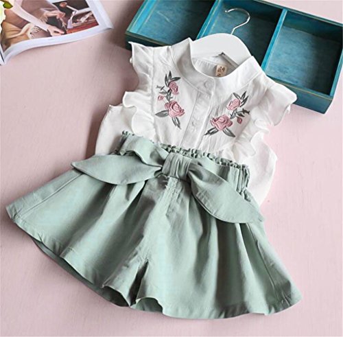 2Pcs Kid Baby Girl Summer Floral Embroidery Shirt Tops+Belt Pants Sets Outfit Size 18-24Month/Tag100 (Green)
