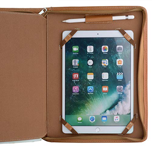 Brown Leather Portfolio with Notepad Space for 9.7-inch iPad, Padfolio Case Business Zippered Organizer Document Folder with Letter Size Notepad Holder