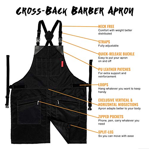 Cross-Back Barber Black Apron - Heavy-Duty Nylon, Water Chemical Resistant, Zipped Pockets, No-Tie, Split-Leg - Adjustable Men, Women - Pro Hair Stylist, Salon, Colorist, Artist