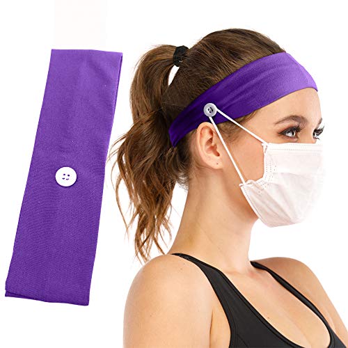 Headband with Buttons for måsk, Non Slip polyester Head Wrap for Yoga, Running, Sports, Style Hair Band Hair Hoop for Women, Men (Headband-Purple 5pcs)