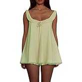 UAURORAO Women Cute Babydoll Shorts Set Sleeveless Chiffon Ruffle Tank Top Flowy Wide Leg Shorts Pajamas Pjs Loungewear