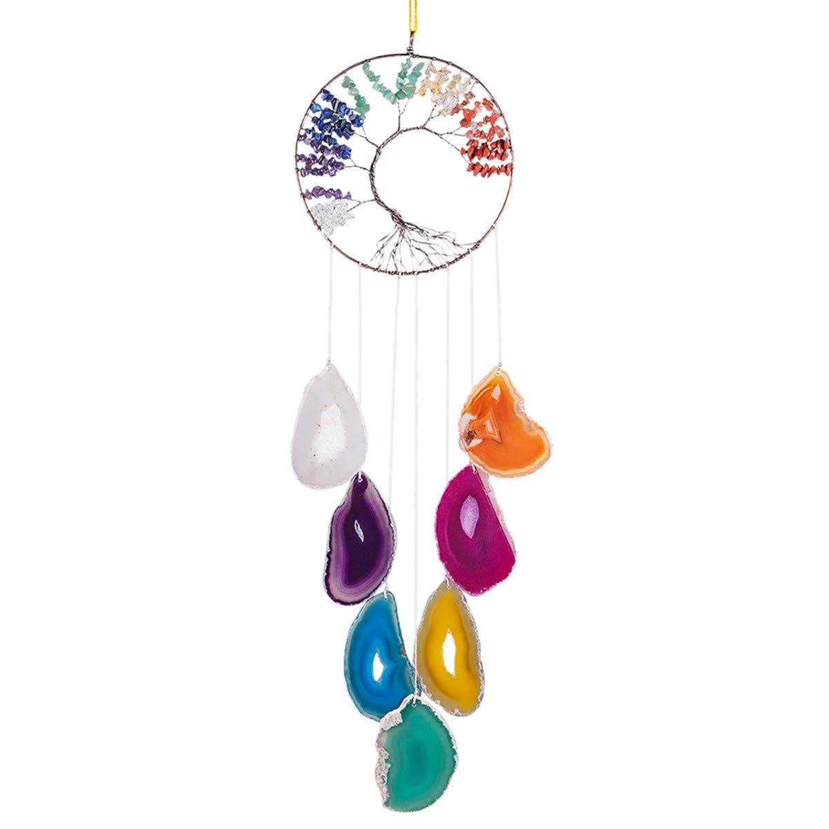 KYEYGWO 7 Chakra Healing Crystal Wall Hanging Ornament Handmade Tree of life with Agate Slice Wind Chime for Window Home Wedding Souvenir Decoration