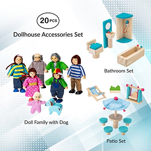 Dragon Drew Wooden Dollhouse Furniture and Family Bundle: Including 1 Doll Family with Dog, 1 Patio Set and 1 Bathroom Set - Colorful Dollhouse Accessories Set - (20 PCS)