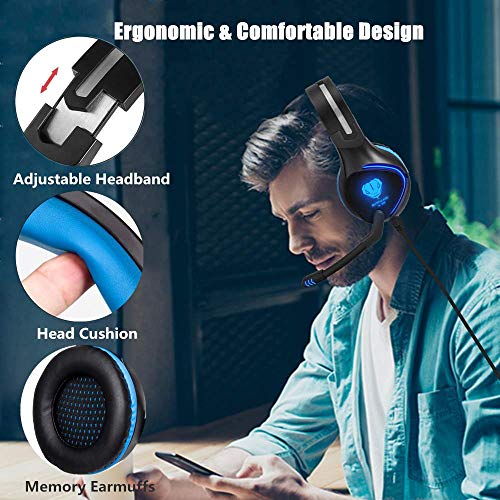 BUTFULAKE Pro Stereo Gaming Headset for Xbox One, Xbox One S, PS4, PC, Nintendo Switch, Mac, Laptop, Computer, 3.5mm Wired Over-Ear Gaming Headphones with LED Light & Noise Canceling Microphone, Blue