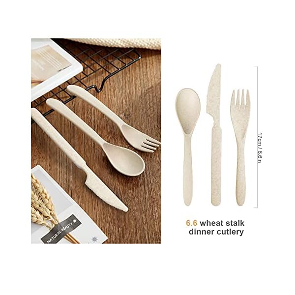 Surmounty Tableware Set 24 Pieces Camping Tableware Picnic Tableware Wheat Straw Dinner Service for 4 People Healthy Crockery Including Plates, Bowls, Cups, Forks, Spoons, Knives