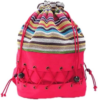 KKDKXW Ethnic Canvas Sack Pack Lady Cotton Printed Colorful Backpack Teenage Straw String Follow Out Strip Bag Red