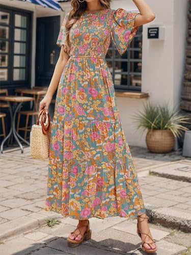 Am Direct Women's Boho Floral Maxi Dress Vacaton Style Flutter Sleeve High Waist Flowy Layel Hem A-Line Pastoralism Dress