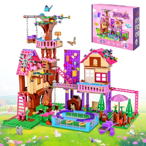 Charmofun Tree House Building Set, Tree House Building Set with 3 Characters and 4 Animals, Friends Friendship Tree House for Kids Ages 8 Years Old (Pink)