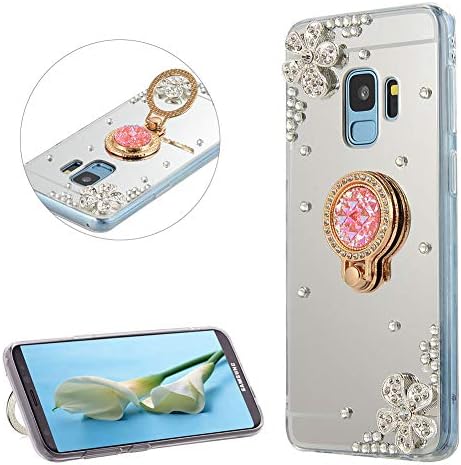 DasKAn Rhinestone Mirror Case for Samsung Galaxy A8 Plus 2018 with Metal Finger Holder Ring Stand,Crystal 3D Diamond Design Slim Soft Silicone Back Cover Flexible TPU Protective Phone Case,Silver#1