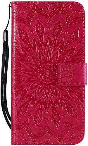 Vagenno Huawei Y9 2019 Case, Shockproof PU Leather Flip Case Cover Notebook Wallet Embossed Sun flower with Stand Card Holder Soft TPU Bumper Protective Skin Case,Rose Red