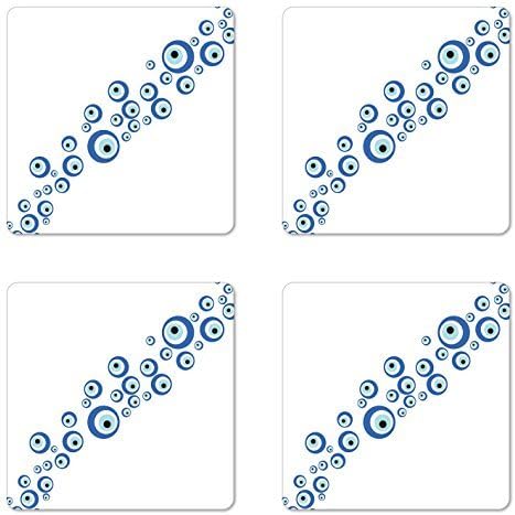 Evil Eye Coaster Set of Four, Diagonal Evil Eye Stones Pattern Ancestral Ottoman Superstitious Belief, Square Rubber Coasters for Drinks, Navy Blue Pale Blue