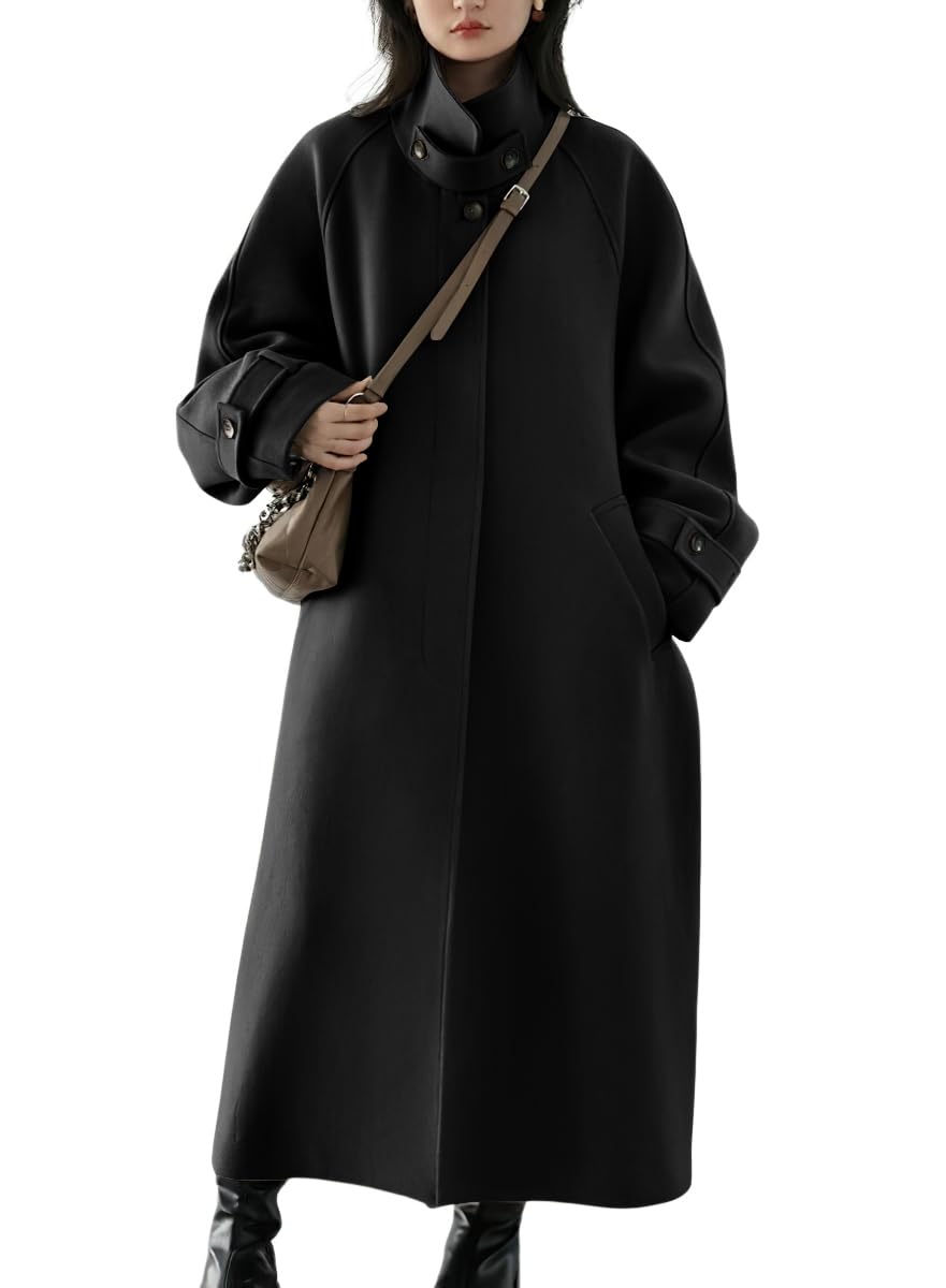 Photo 1 of chouyatou Women's Winter Hidden Single Breasted Wool Coat Raglan Sleeve Business Long Wool Overcoat (Small, Black)