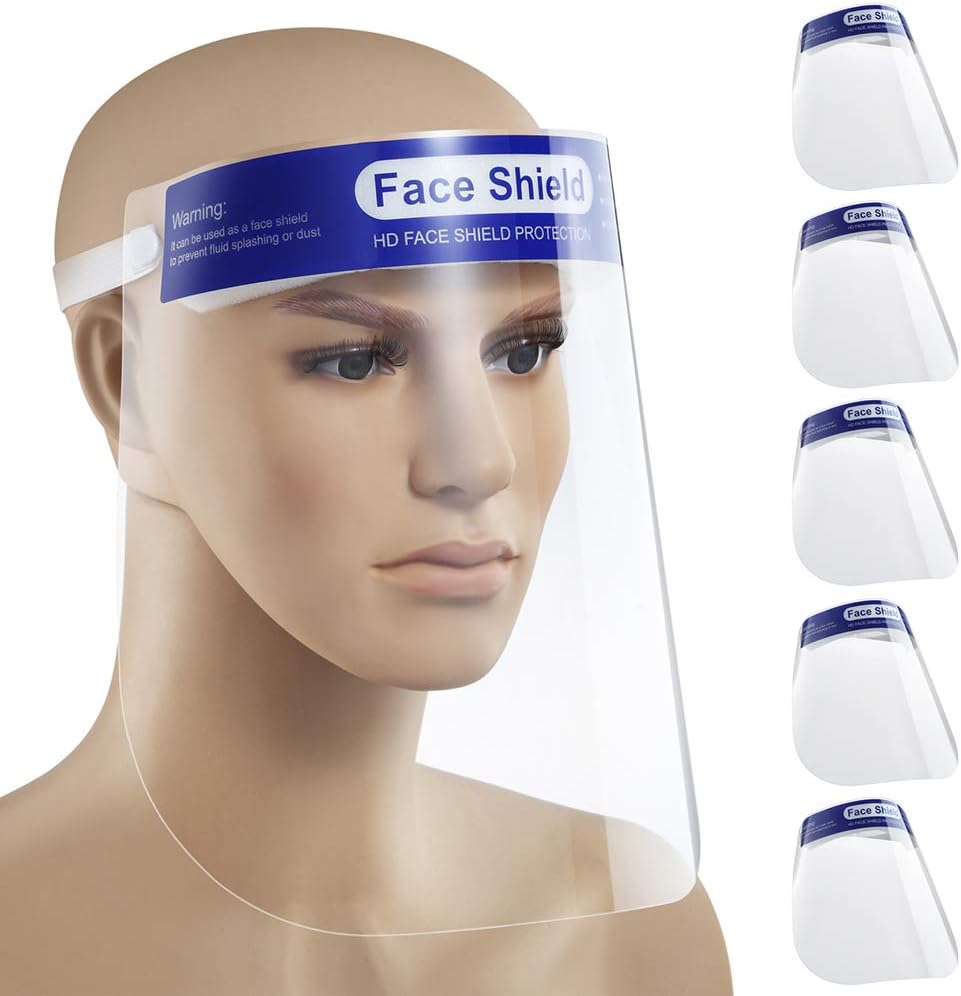 Face Shield Clear 5 Pack Protect Eyes and Face with Protective Film Elastic Band - Blue