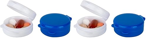 Ezy Dose Daily Round Pocket Pharmacy, Portable On-The-Go, Pill Box, Organizer and Vitamin Containers, Snap Shut Lids, Perfect for Traveling, Colors May Vary, 4 Pack