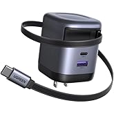 UGREEN 65W Retractable USB C Charger Block with Built-in Cable, GaN Fast Charging Wall Charger 2C1A Compatible for iPhone 17 