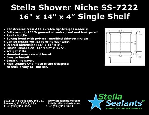 Stella Sealants Tile Ready Shower Niche 16 x 14 (Inside: 14 x 12) - Flush Mount Installation - Flange 1/2" - Waterproof Bathroom Recessed Organiser for Shampoo and Toiletry