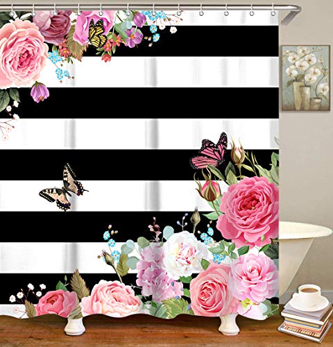 image for Livilan Black White Stripes Shower Curtain Set with 12 Hooks Fabric Ba