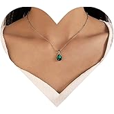 Allereyae Vintage Blue Topaz Pendant Necklace Teardrop Crystal Gemstone Necklace Rhinestone Blue Stone Choker Necklace Silver Satellite Chain Birthstone Necklace Jewelry for Women and Girls