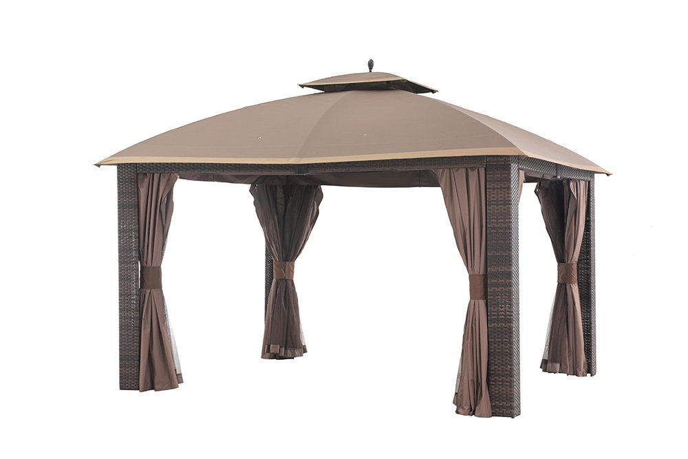 Sunjoy 12' x 10' Sonoma Wicker Gazebo, Large, Brown/Gold Trim