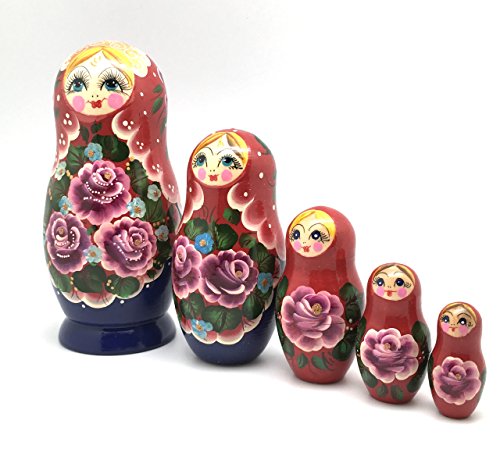 Russian BEAUTY Nesting DOLLS 5 pieces set Hand Carved Hand Painted Babushka doll