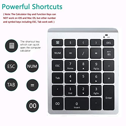 Wireless Number Pad, Lekvey Numeric Keypad : 28 Keys Multi-Function Numpad Keyboard with 2.4G Mini USB Receiver for Laptop Desktop PC Computer Notebook, Surface pro, Windows etc - Silver - Thumbnail 2