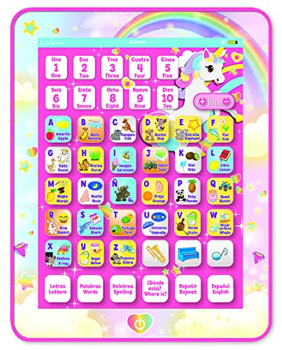 Lexibook, Einhorn, Lerntablett, zweisprachig, interaktives Lerntablett, Spielzeug zum Lernen von Alphabet, Buchstaben, Zahlen, Wörtern, Rechtschreibung und Musik, Englisch/Spanisch, Rosa,